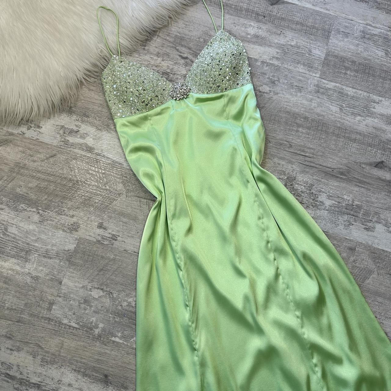 Robe longue en satin vert clair brillant, élégante, vintage, bretelles spaghetti, paillettes, strass, robe de soirée, gh4301