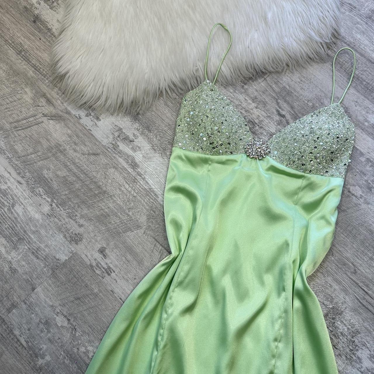 Robe longue en satin vert clair brillant, élégante, vintage, bretelles spaghetti, paillettes, strass, robe de soirée, gh4301