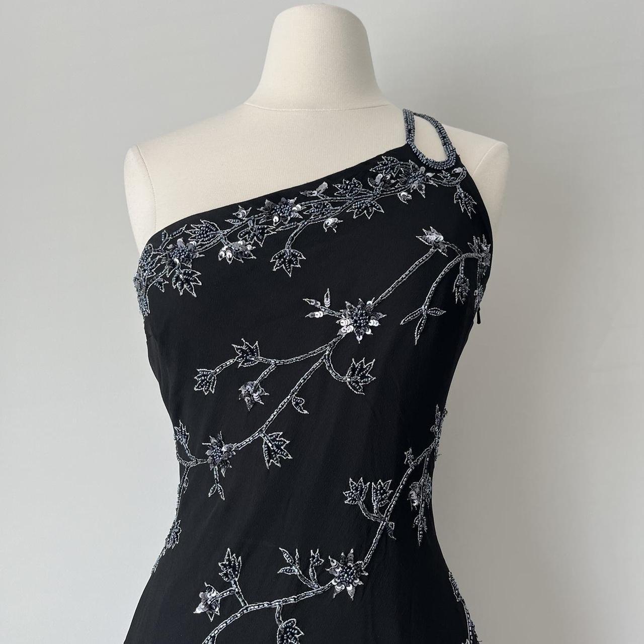 Robe longue asymétrique en mousseline de soie noire et argentée, élégante et exquise, vintage, avec perles, paillettes, robe de bal, robe de soirée, robe de soirée, gh4123