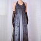 Robe de soirée longue en tulle, style gothique, élégante, noire et grise, style rétro, dégradé de couleurs, perles, motif floral, col licou, gh3665