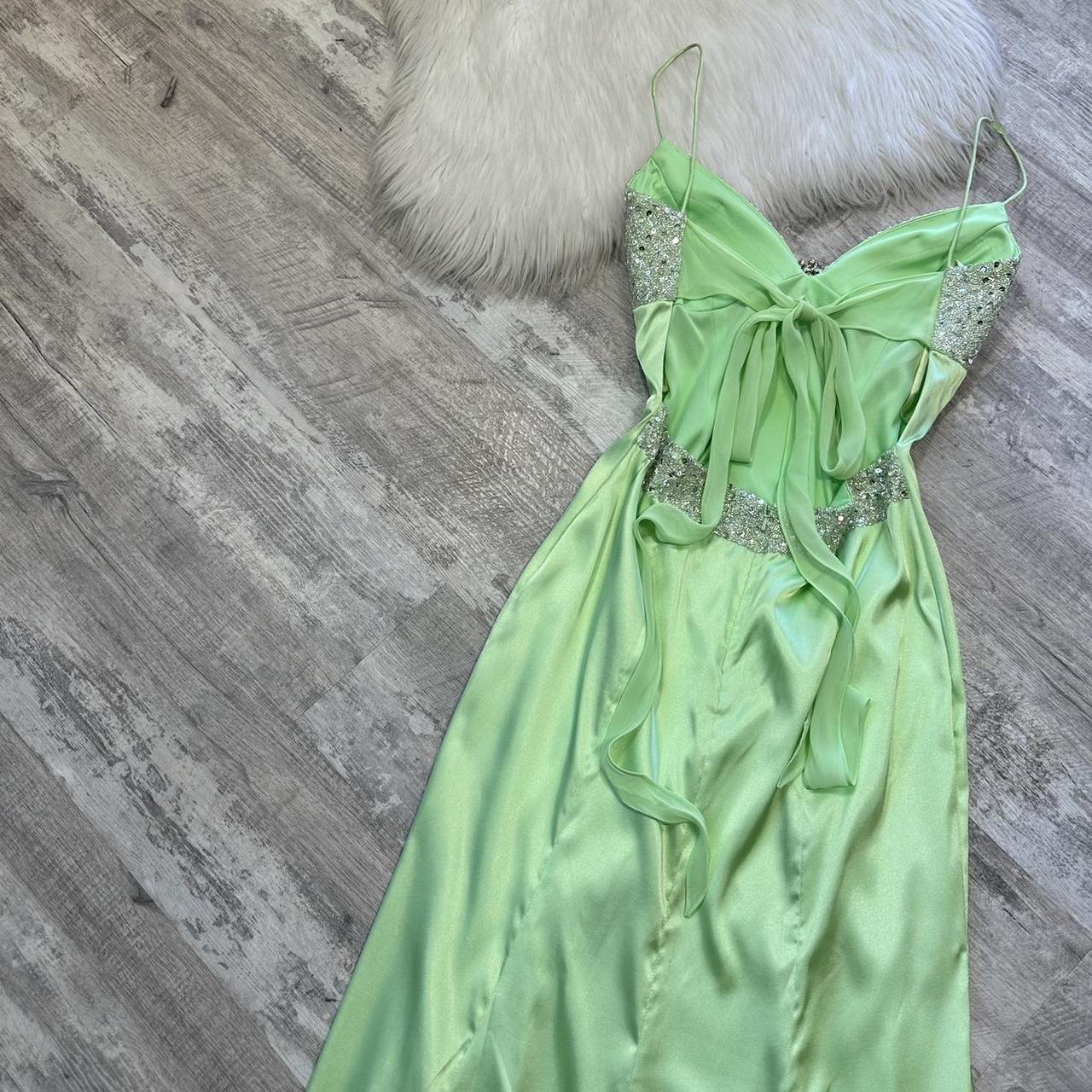 Robe longue en satin vert clair brillant, élégante, vintage, bretelles spaghetti, paillettes, strass, robe de soirée, gh4301