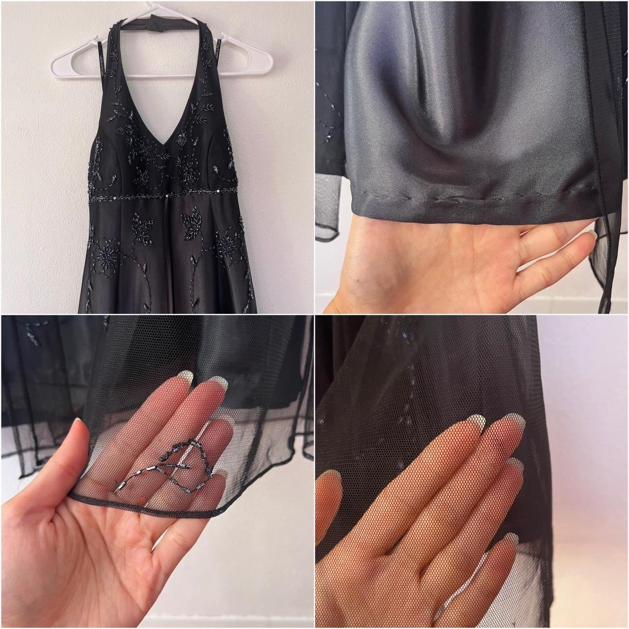 Robe de soirée longue en tulle, style gothique, élégante, noire et grise, style rétro, dégradé de couleurs, perles, motif floral, col licou, gh3665