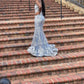 Wunderschönes, glänzendes, figurbetontes, langes Ballkleid im Meerjungfrauen-Stil aus Tüll mit Spaghettiträgern, Blau, gh2718
