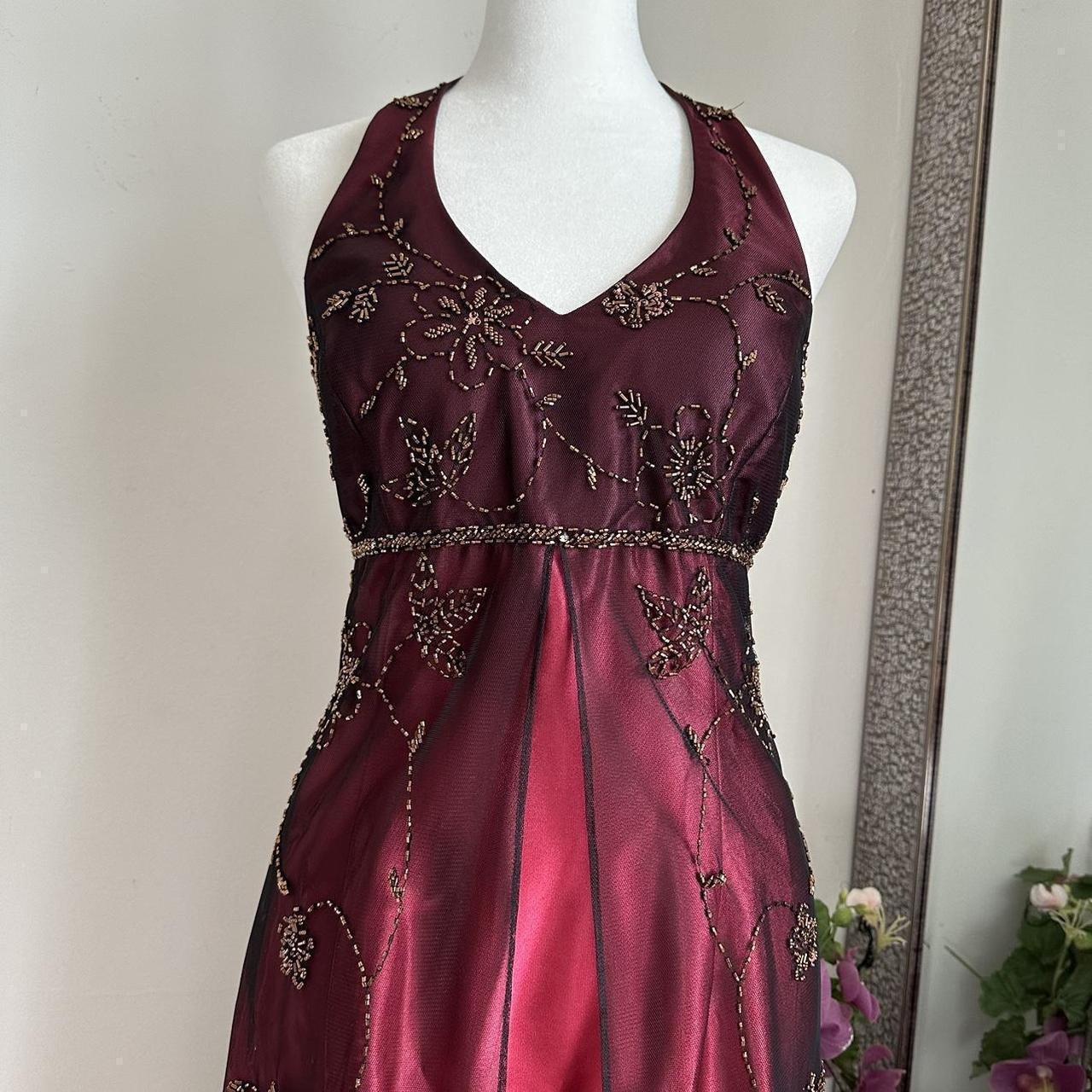 Robe de soirée longue en satin et tulle bordeaux, magnifique, exquise, avec perles, élégante, bretelles, gh3439