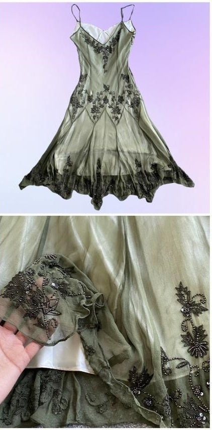 Robe de soirée asymétrique mi-longue en mousseline de soie, élégante et élégante, style vintage, à perles, style vintage, pour anniversaire, mariage, fête, bal, gh4017