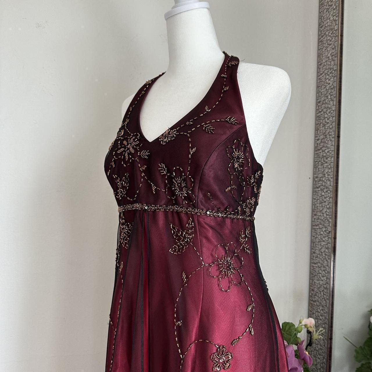 Robe de soirée longue en satin et tulle bordeaux, magnifique, exquise, avec perles, élégante, bretelles, gh3439