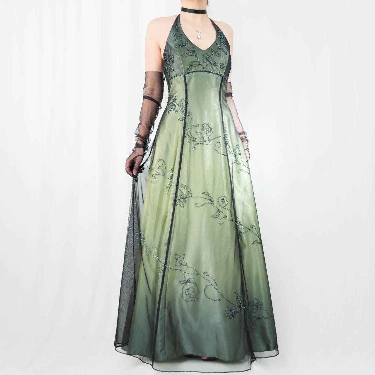 Robe de soirée longue en mousseline de soie et tulle, style empire, vert, vintage, ombré, florale, perles, col licou, gh3606