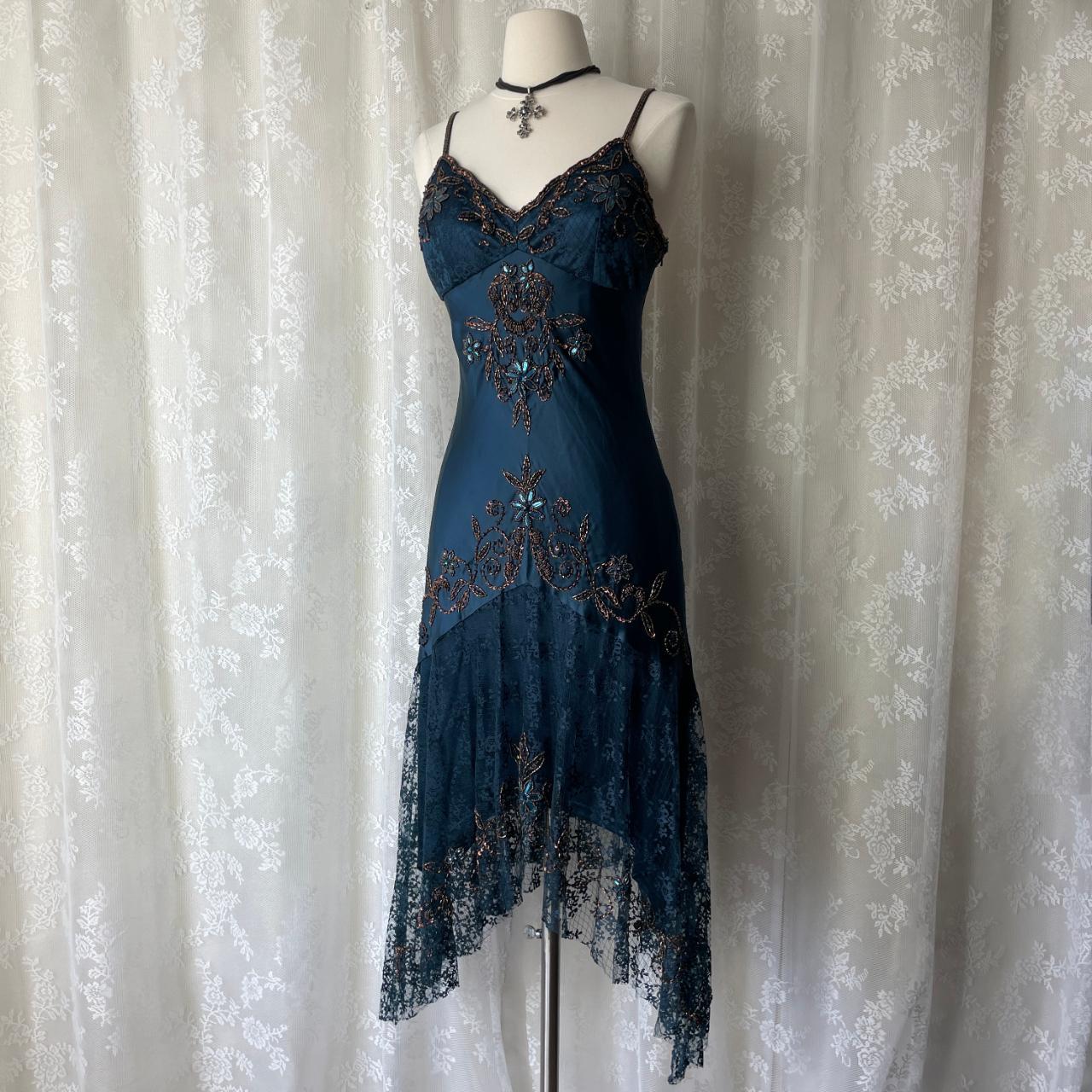 Dunkelblaues, ätherisches Meerjungfrauen-Abendkleid im Gothic-Stil mit hübschem Blumenmuster, Pailletten und Perlenbesatz, Midi-/Kurzformat, Homecoming-Kleid, Date-Kleid, Partykleid gh4617