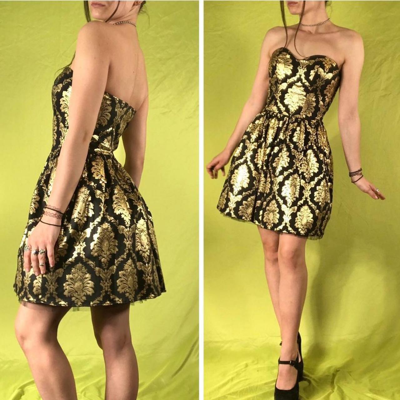 🖤 ​​Y2K Gold und Schwarz Fashion Jacquard Brokat bedruckt Mini Kurzes Homecoming-Kleid Cocktailkleid Partykleid gh4610