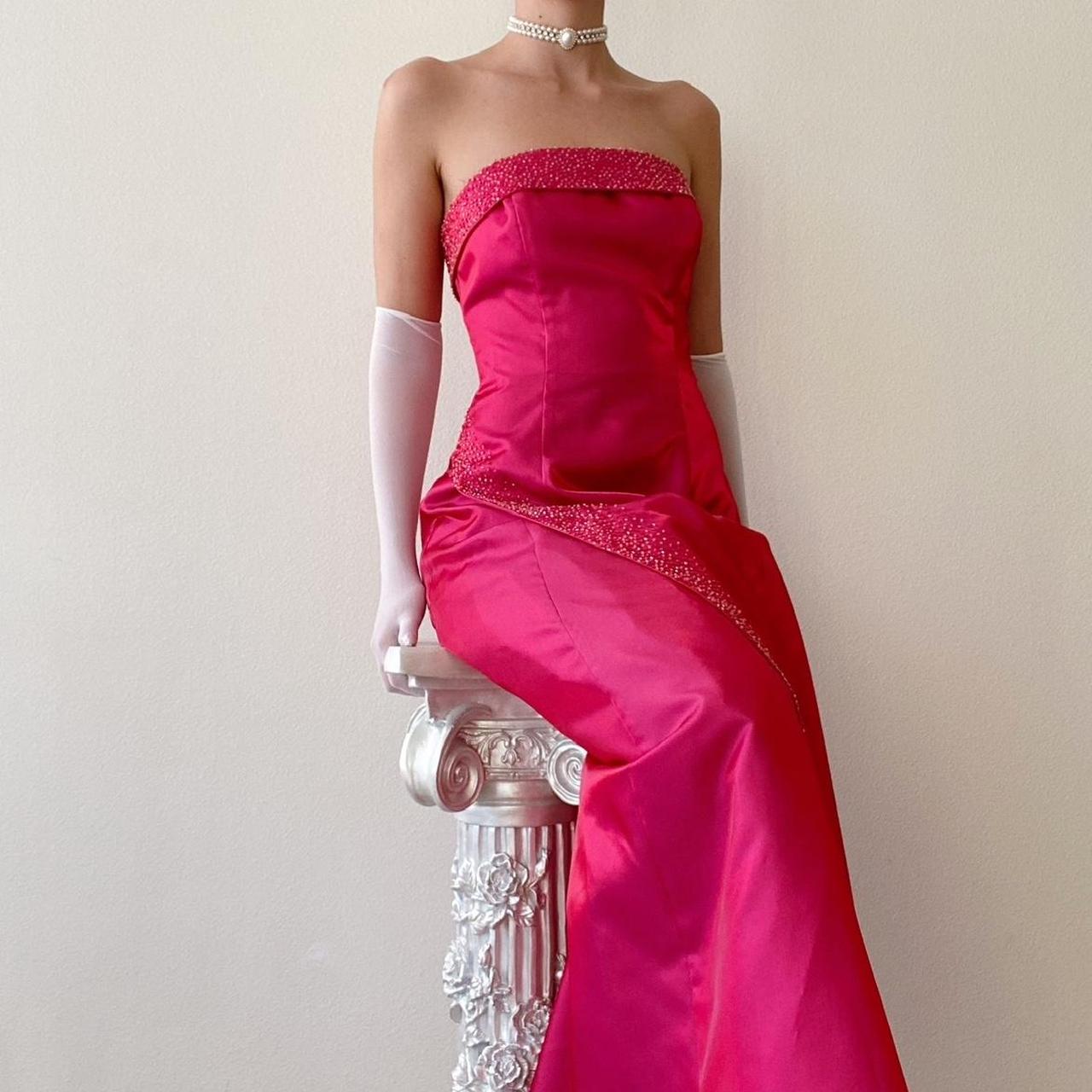 Robe de soirée longue en satin rose foncé arc-en-ciel, style vintage, avec perles, style princesse, fantaisie, style trompette, gh4349