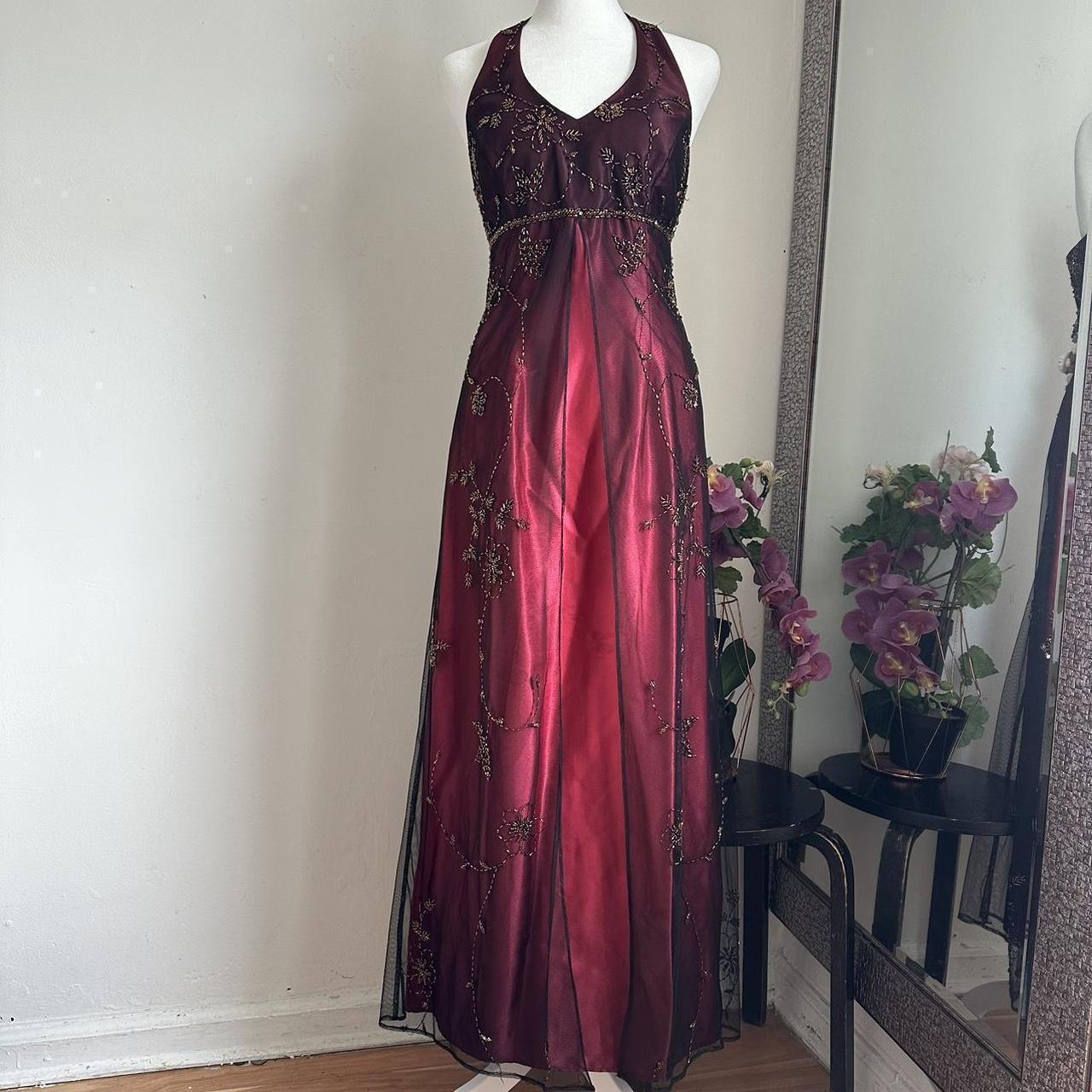 Robe de soirée longue en satin et tulle bordeaux, magnifique, exquise, avec perles, élégante, bretelles, gh3439