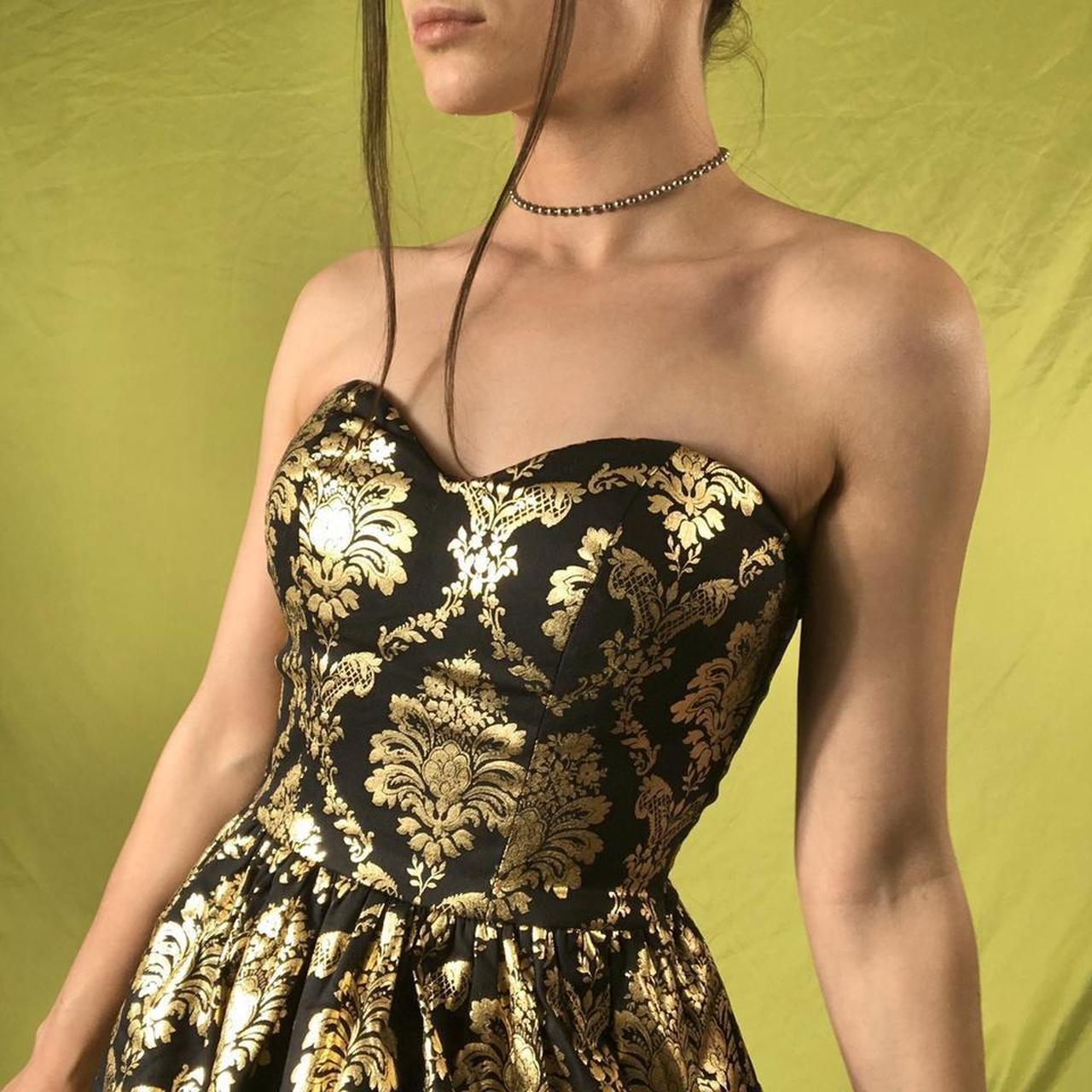 🖤 ​​Y2K Gold und Schwarz Fashion Jacquard Brokat bedruckt Mini Kurzes Homecoming-Kleid Cocktailkleid Partykleid gh4610