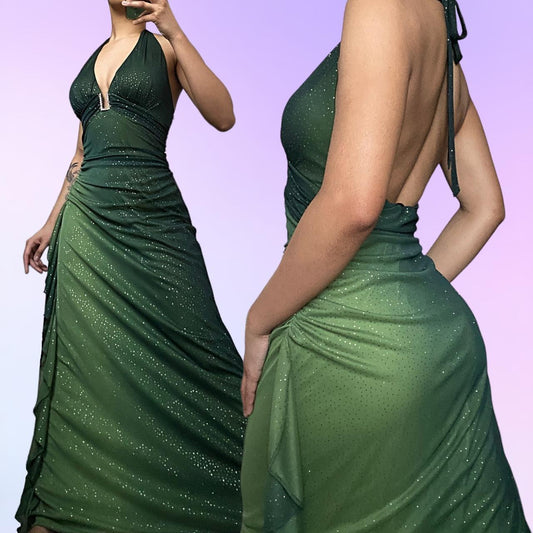 🍃✨Umwerfend schönes, fließendes, glänzendes Ballkleid aus Chiffon mit Retro-Farbverlauf und V-Ausschnitt, langes Abendkleid, Partykleid gh4674