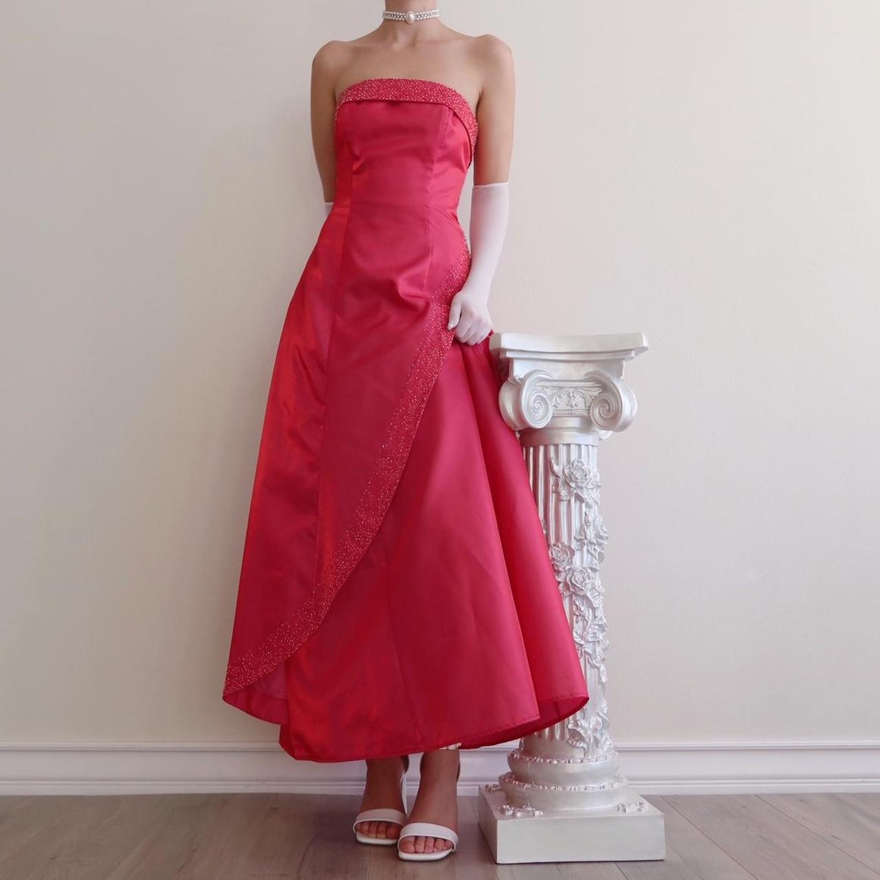 Robe de soirée longue en satin rose foncé arc-en-ciel, style vintage, avec perles, style princesse, fantaisie, style trompette, gh4349