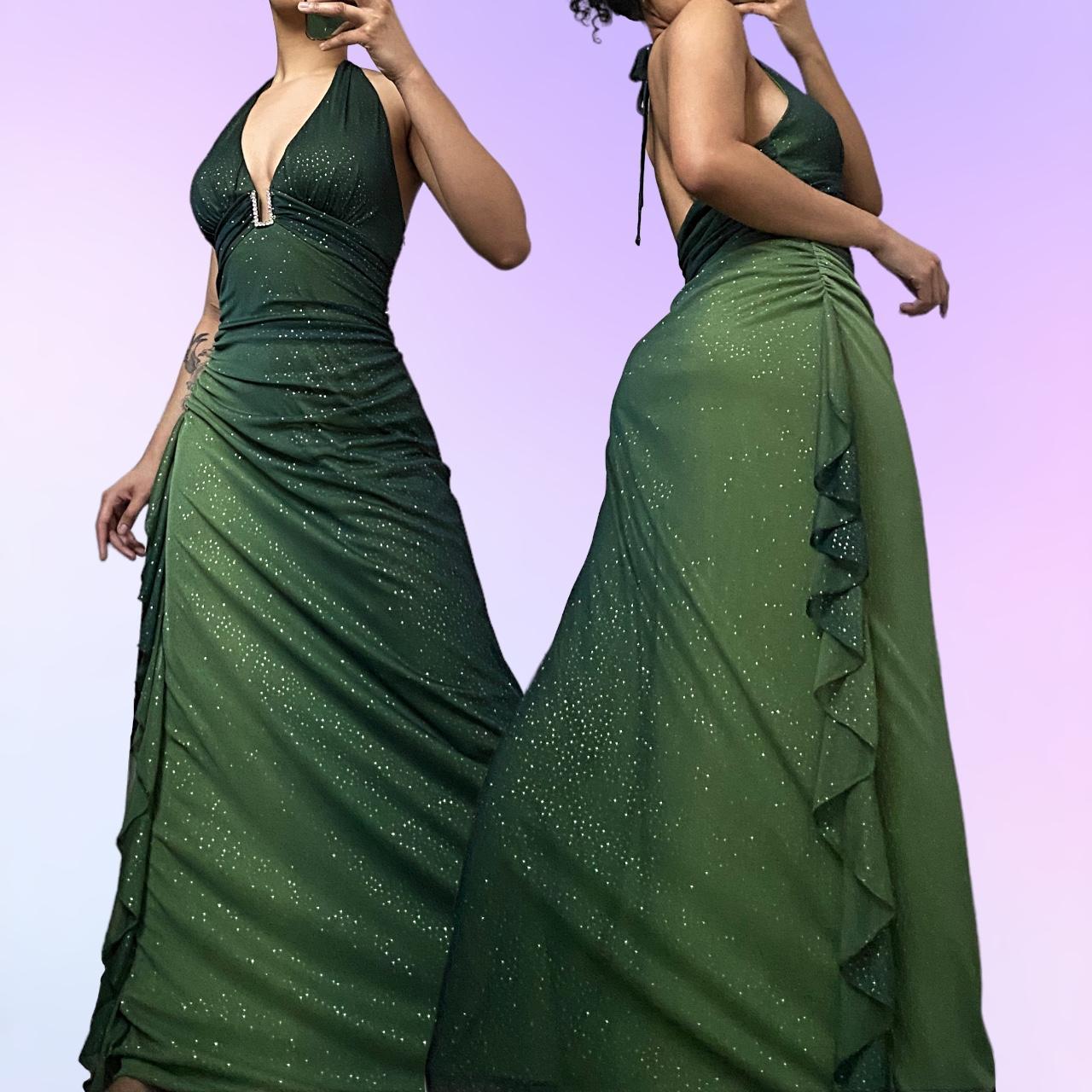 🍃✨Umwerfend schönes, fließendes, glänzendes Ballkleid aus Chiffon mit Retro-Farbverlauf und V-Ausschnitt, langes Abendkleid, Partykleid gh4674