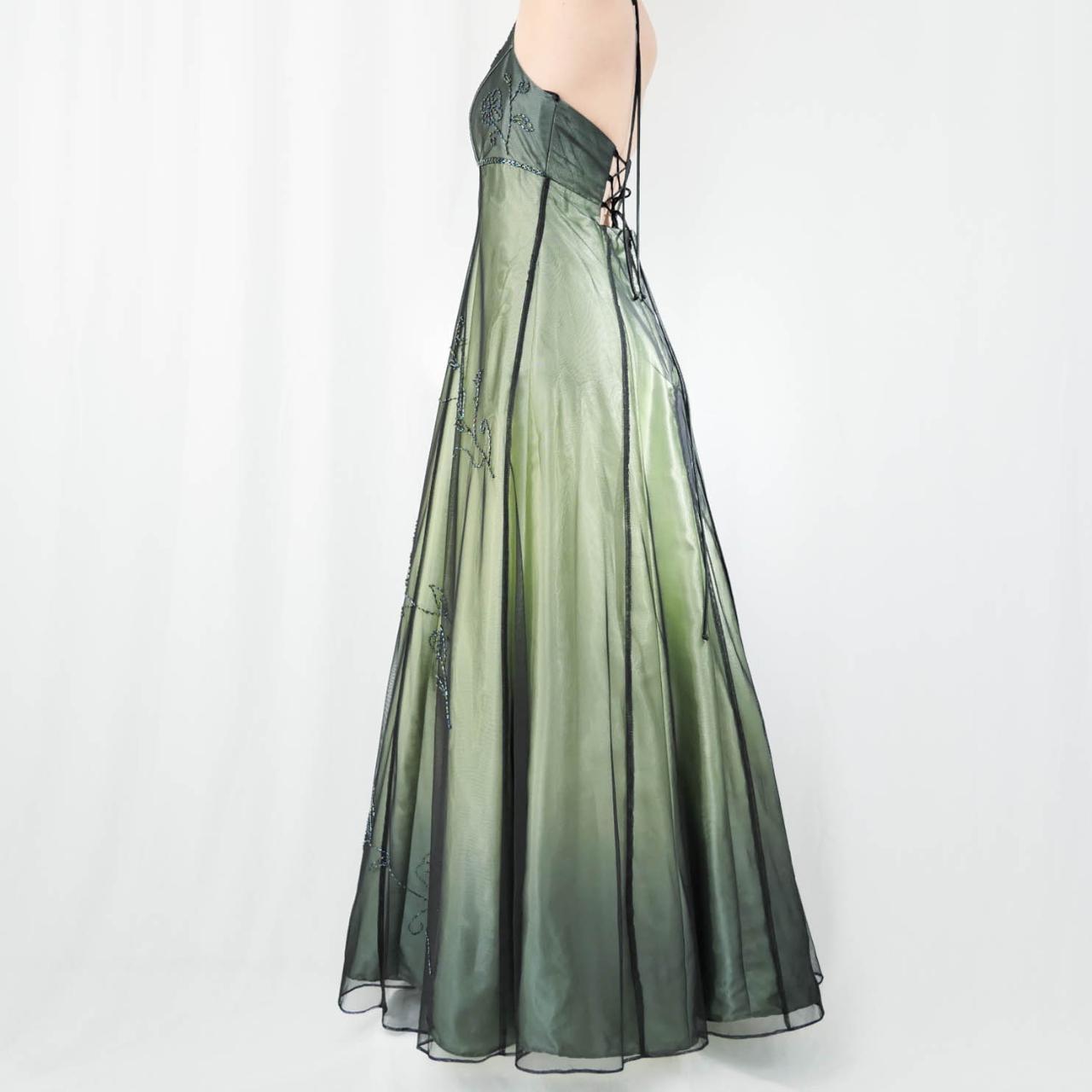 Robe de soirée longue en mousseline de soie et tulle, style empire, vert, vintage, ombré, florale, perles, col licou, gh3606