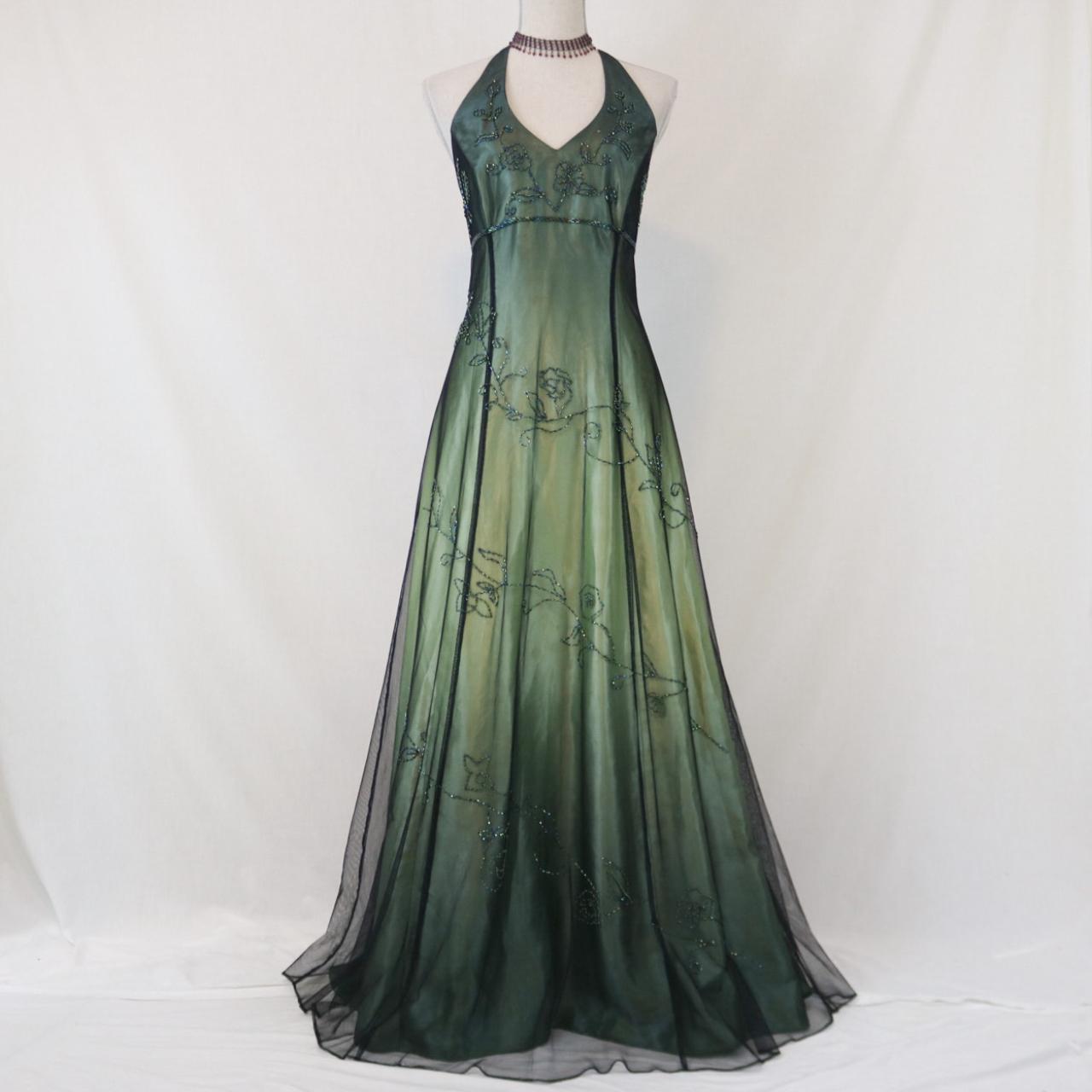 Robe de soirée longue en mousseline de soie et tulle, style empire, vert, vintage, ombré, florale, perles, col licou, gh3606