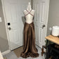 Robe de soirée longue en satin marron, élégante et perlée, col en V, robe de bal, gh4568