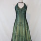 Robe de soirée longue en mousseline de soie et tulle, style empire, vert, vintage, ombré, florale, perles, col licou, gh3606