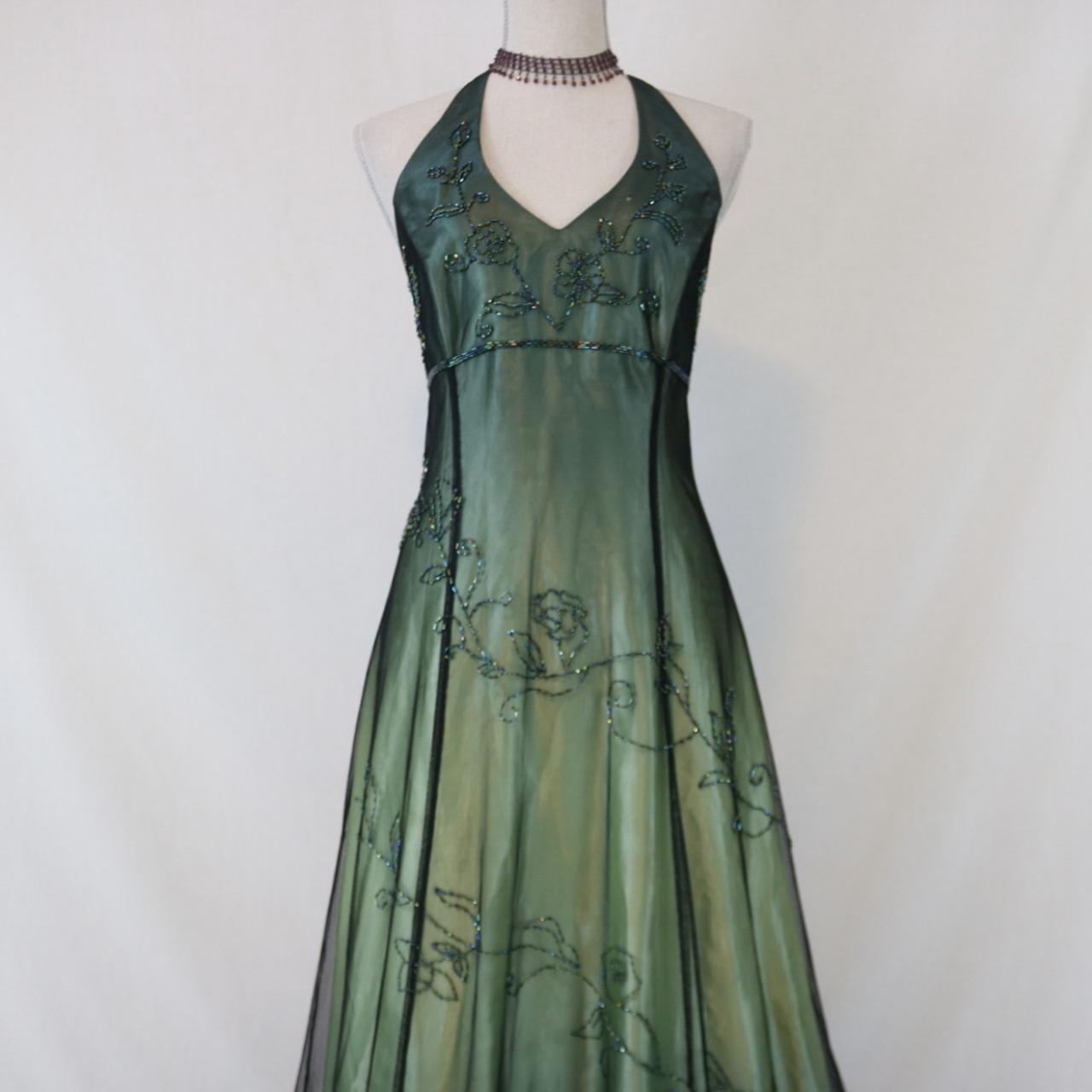 Robe de soirée longue en mousseline de soie et tulle, style empire, vert, vintage, ombré, florale, perles, col licou, gh3606