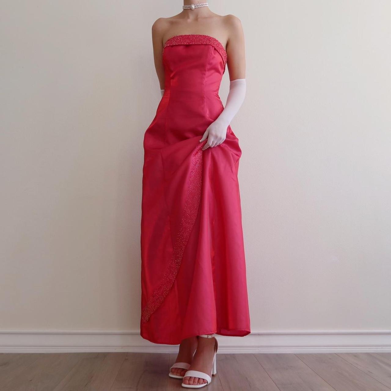 Robe de soirée longue en satin rose foncé arc-en-ciel, style vintage, avec perles, style princesse, fantaisie, style trompette, gh4349
