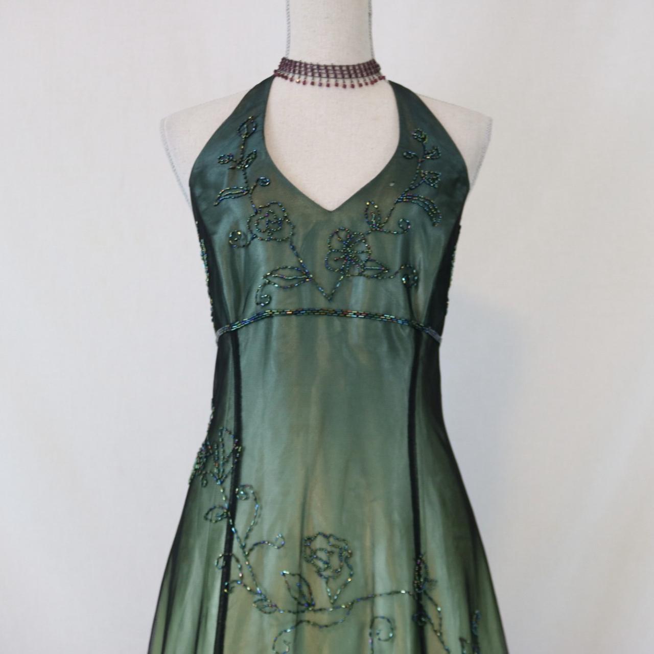 Robe de soirée longue en mousseline de soie et tulle, style empire, vert, vintage, ombré, florale, perles, col licou, gh3606