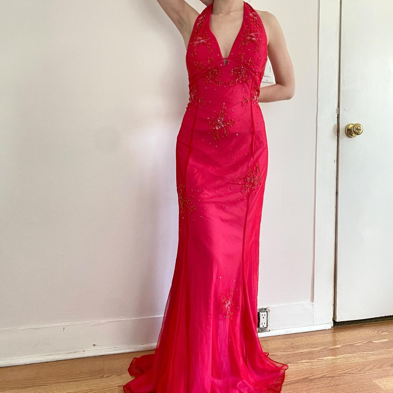 Robe de bal longue en satin et tulle, style vintage, ludique et sexy, rose vif, décolleté en V profond, motif floral délicat, perles, col carré, robe de soirée, robe de fête d'anniversaire, gh3958