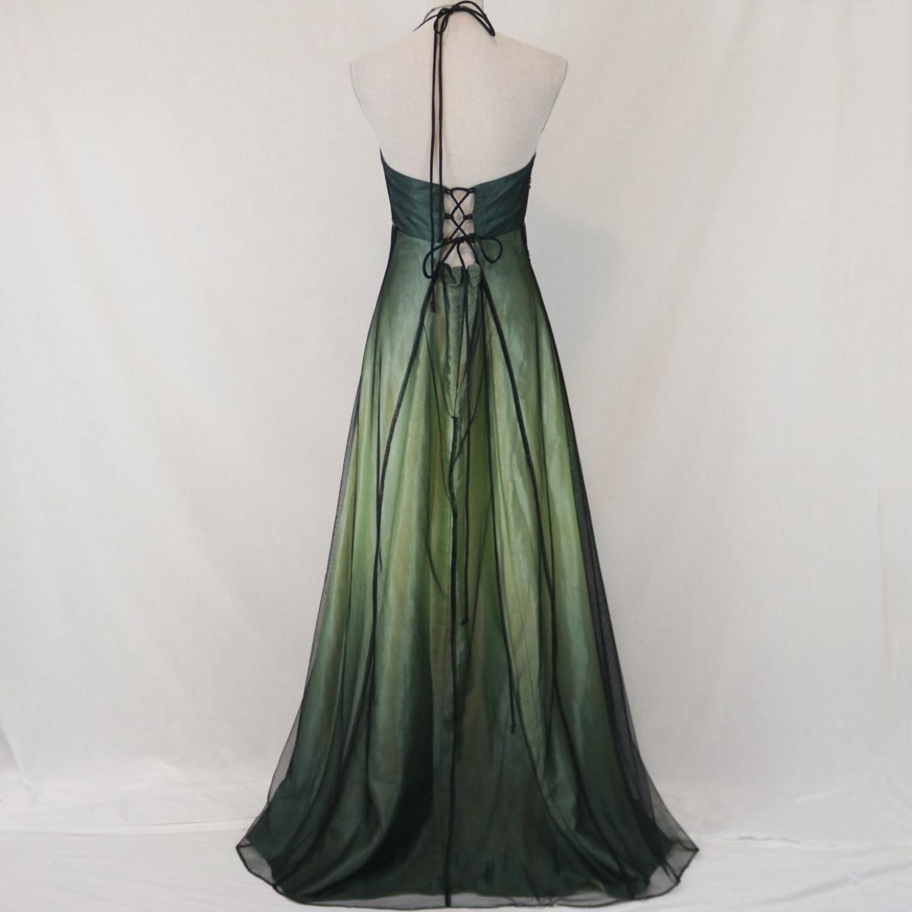 Robe de soirée longue en mousseline de soie et tulle, style empire, vert, vintage, ombré, florale, perles, col licou, gh3606