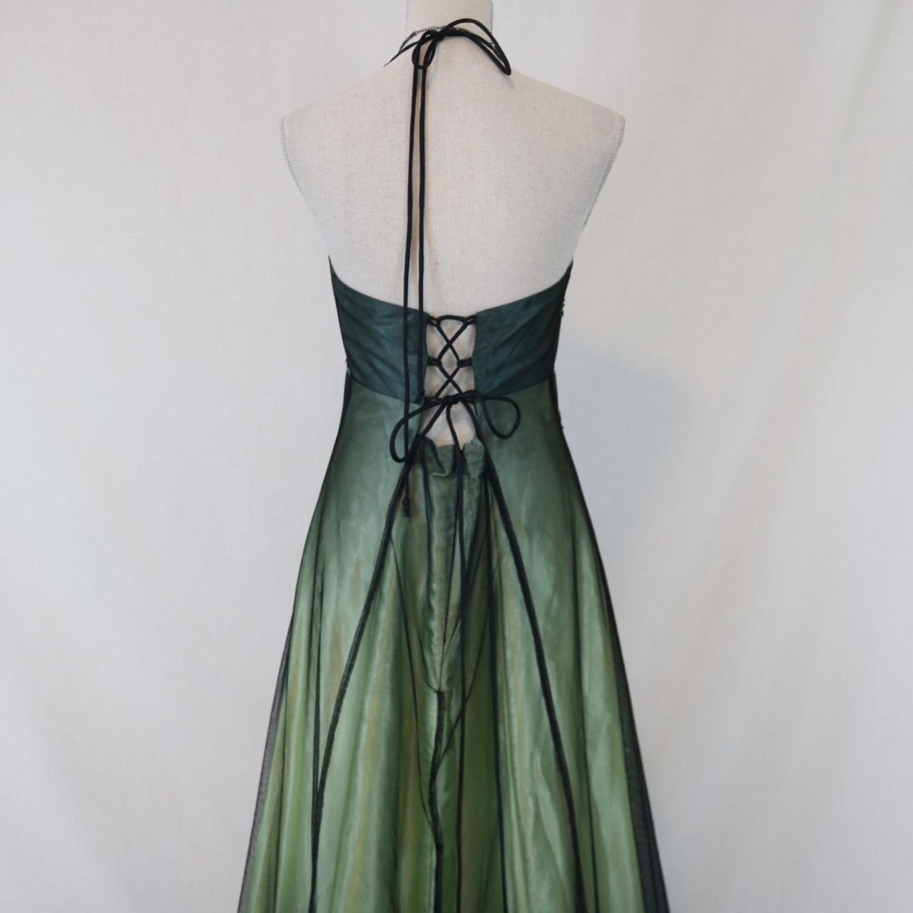 Robe de soirée longue en mousseline de soie et tulle, style empire, vert, vintage, ombré, florale, perles, col licou, gh3606