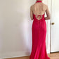 Robe de bal longue en satin et tulle, style vintage, ludique et sexy, rose vif, décolleté en V profond, motif floral délicat, perles, col carré, robe de soirée, robe de fête d'anniversaire, gh3958