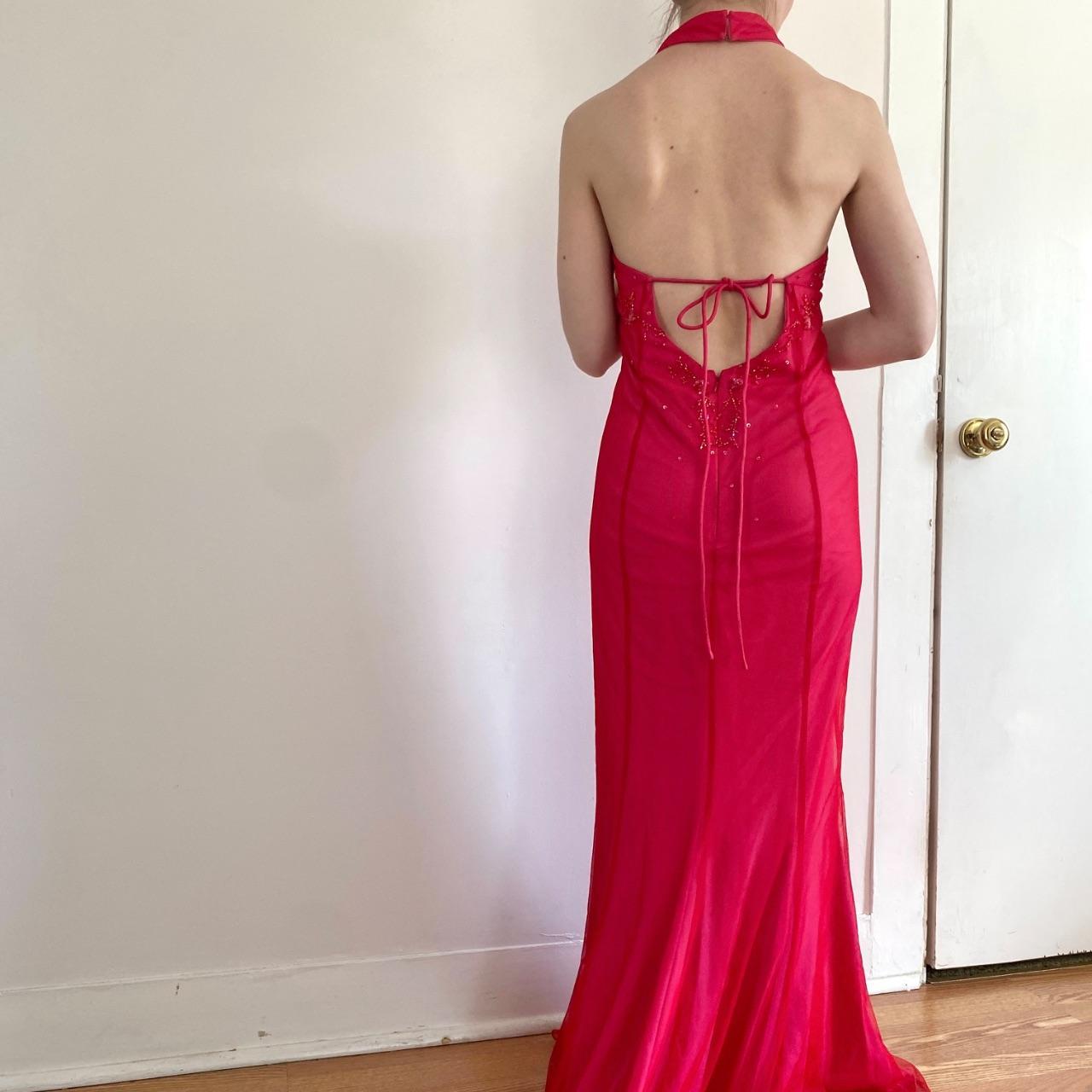 Robe de bal longue en satin et tulle, style vintage, ludique et sexy, rose vif, décolleté en V profond, motif floral délicat, perles, col carré, robe de soirée, robe de fête d'anniversaire, gh3958