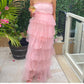 Pink fashion sweet A-line strapless long elegant layered tulle ball gown evening dress party dress gh2818