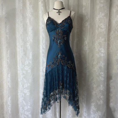 Dunkelblaues, ätherisches Meerjungfrauen-Abendkleid im Gothic-Stil mit hübschem Blumenmuster, Pailletten und Perlenbesatz, Midi-/Kurzformat, Homecoming-Kleid, Date-Kleid, Partykleid gh4617