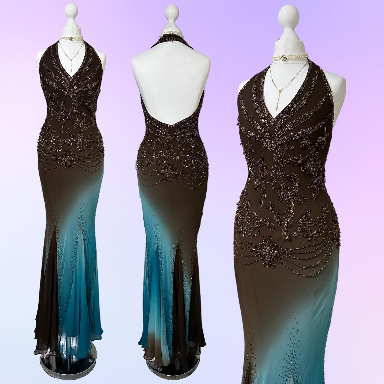 Robe de bal menthe chocolat, dégradé de marron et bleu, magnifique, légère, exquise, perles, bretelles spaghetti, longue, en mousseline de soie, robe de soirée gh3338