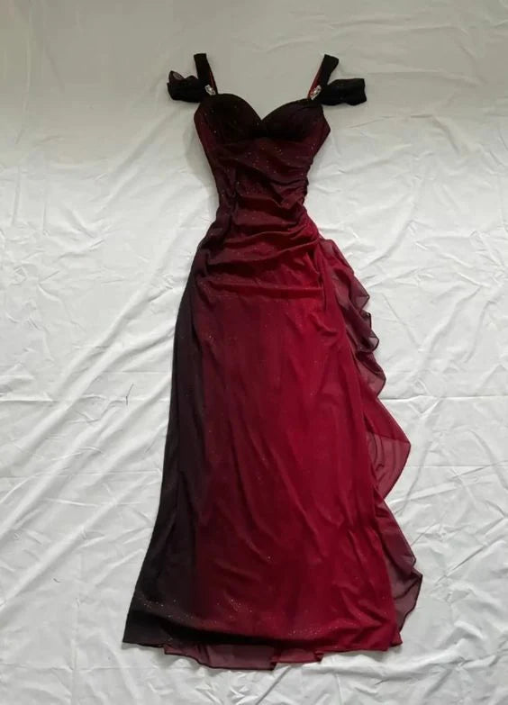 Burgundy Shiny Elegant Off Shoulder Ruffles Fashion Elegant Long Prom Dress Evening Gown Party Dress gh3204