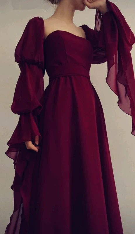 girlhomeshops-Burgundy long sleeve formal dress retro burgundy elegant square neck chiffon long ball gown 21st birthday outfit evening dress gh5749