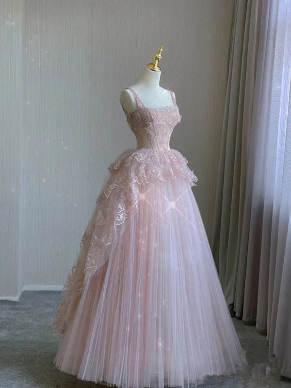 Rosa Exquisite Perlen Lange Tüll Ballkleid Abendkleid Partykleid gh4896