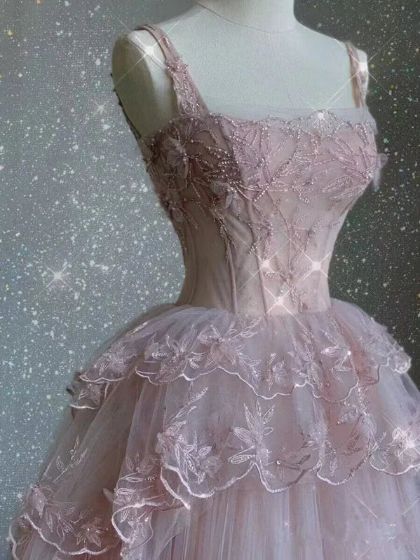 Rosa Exquisite Perlen Lange Tüll Ballkleid Abendkleid Partykleid gh4896