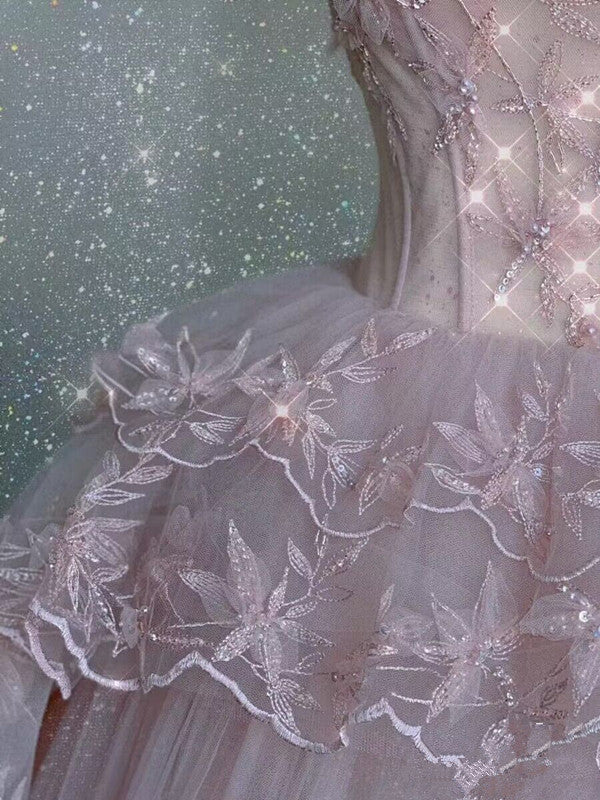 Rosa Exquisite Perlen Lange Tüll Ballkleid Abendkleid Partykleid gh4896