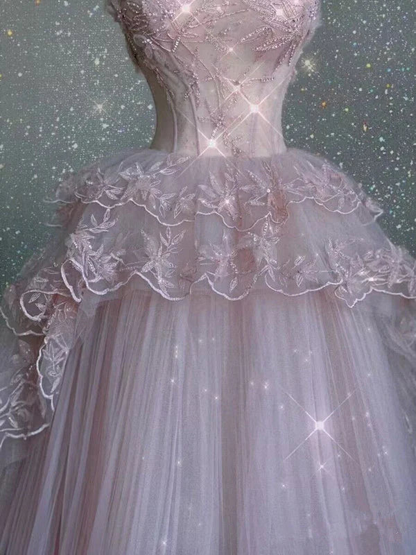 Rosa Exquisite Perlen Lange Tüll Ballkleid Abendkleid Partykleid gh4896
