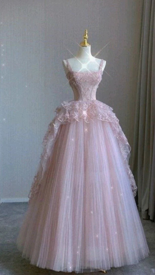 Rosa Exquisite Perlen Lange Tüll Ballkleid Abendkleid Partykleid gh4896