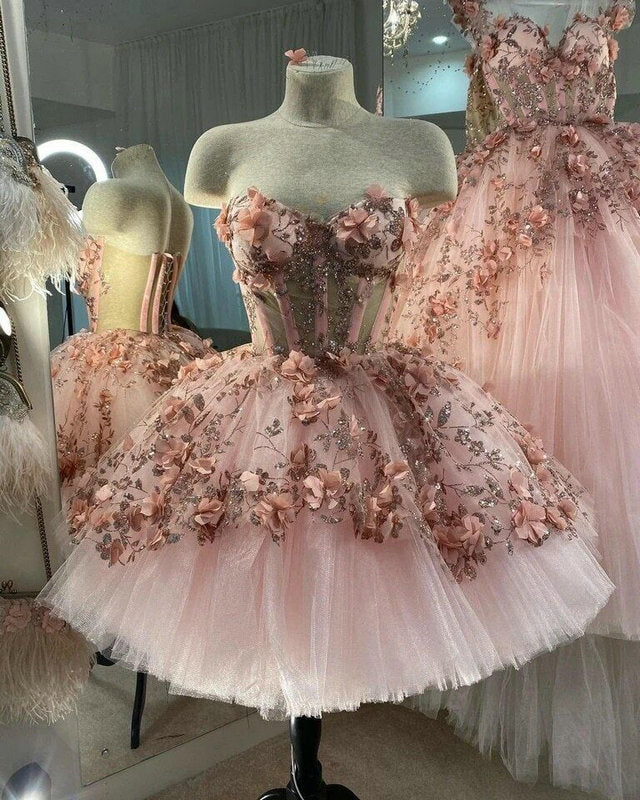 Pink Gorgeous Exquisite Beaded Floral Applique Short Homecoming Dress Evening Dress Prom Dress Handmade Flowers 14/16 Birthday Outfit Party Dress gh3307