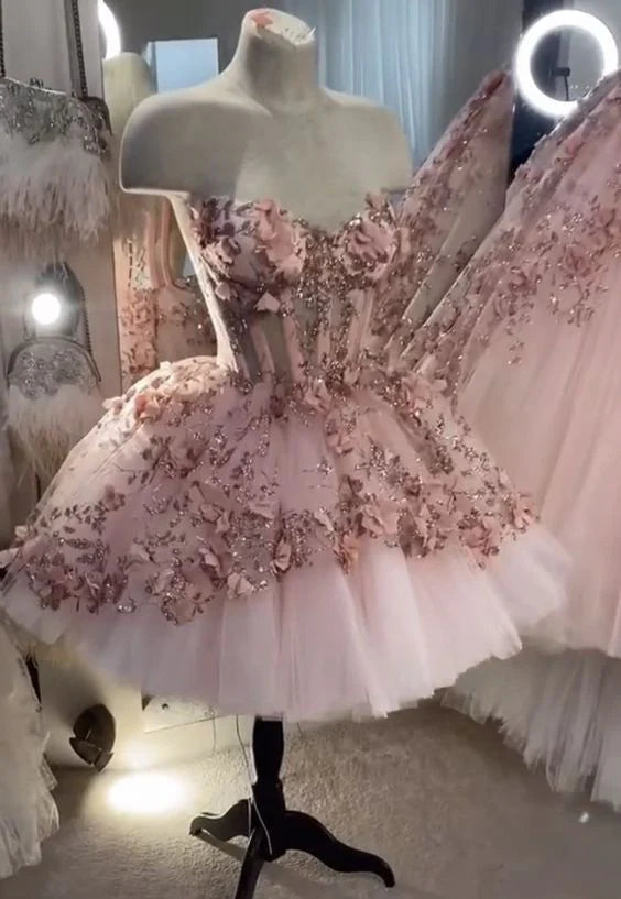 Pink Gorgeous Exquisite Beaded Floral Applique Short Homecoming Dress Evening Dress Prom Dress Handmade Flowers 14/16 Birthday Outfit Party Dress gh3307