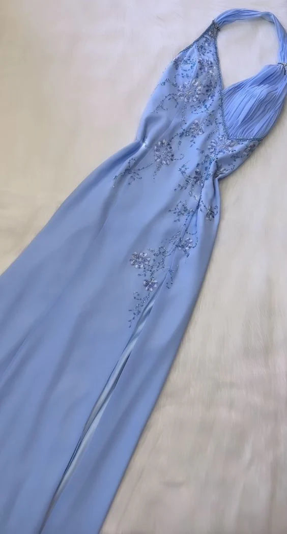 girlhomeshops – Blaue modische Hosenträger, exquisite Perlenbesatz, wunderschöner offener Rücken, Schlitz, Chiffon, Ballkleid, langes Abendkleid, gh5611