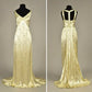 Gelb glänzend elegant Mode exquisite Perlen lange Satin bodenlangen Ballkleid Abendkleid Partykleid gh3586