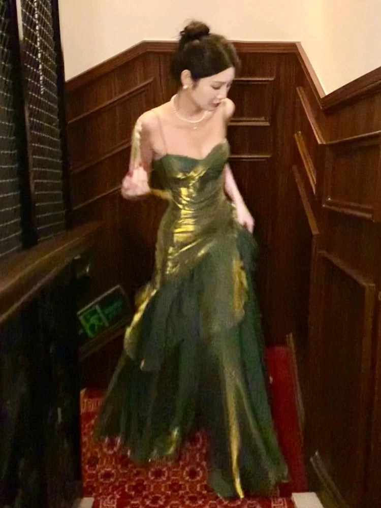 Robe de soirée longue à volants, style chic bordeaux/vert, gh4318