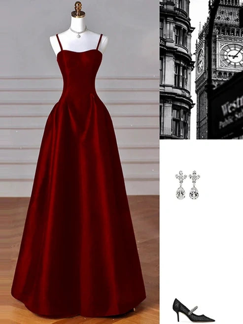 Robe de soirée longue en satin, élégante et simple, noire, rouge et bleu marine, coupe trapèze, robe de bal, gh3573