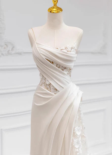 Girlhomeshops-White satin floral lace off-the-shoulder long floor-length wedding dress prom dress gh5393