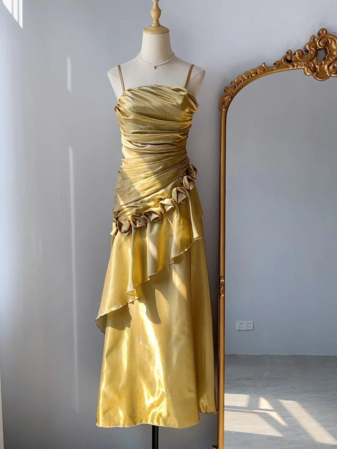Robe de soirée longue en satin jaune, élégante, vintage, à la mode, gh4907