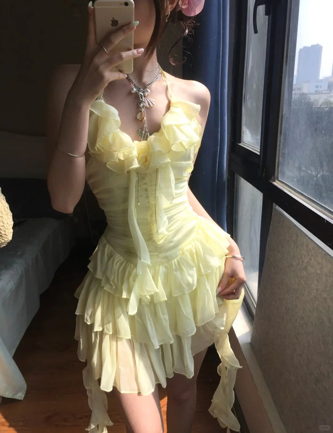 Robe de soirée courte en tulle à volants jaunes, robe d'anniversaire gh4912